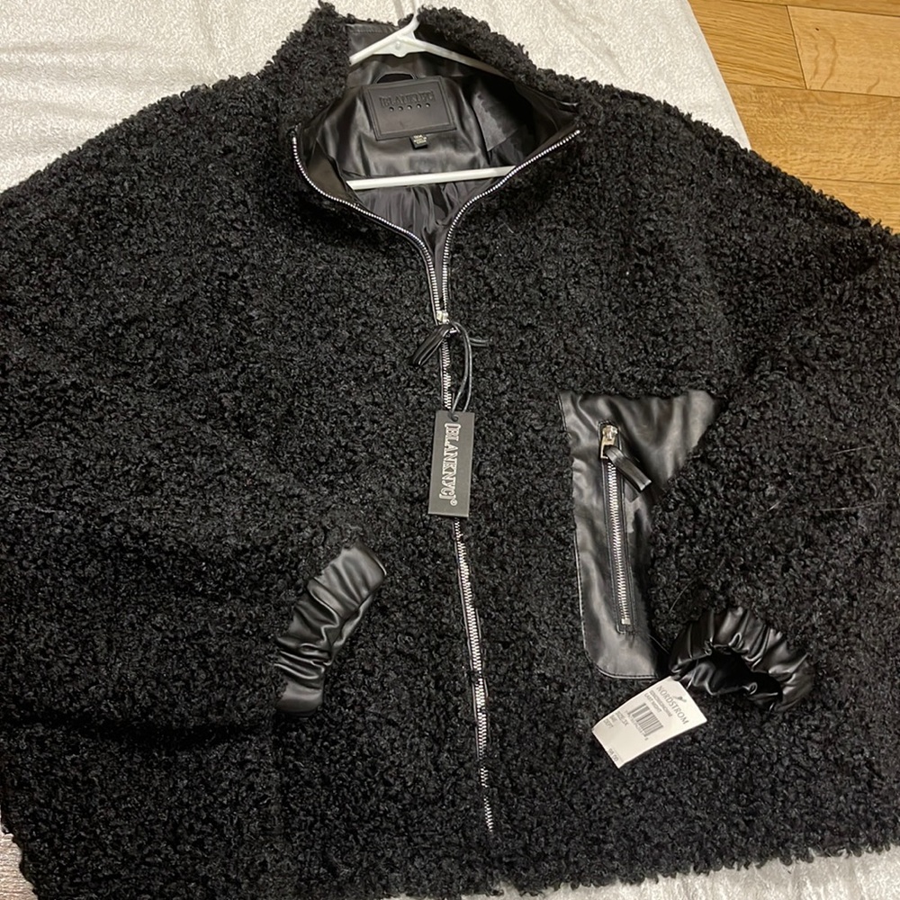 Blank nyc womens plus black furry jacket w leather trims
